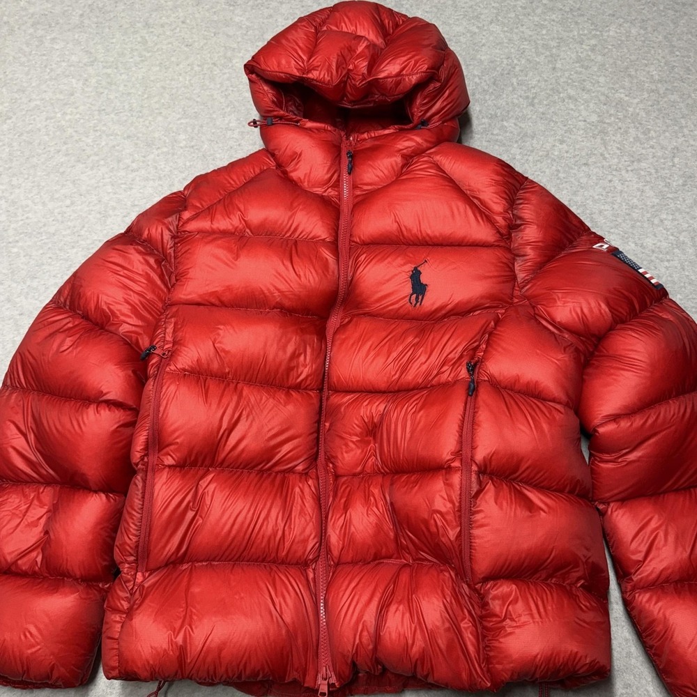Polo Ralph Lauren Hawthorne Flag Down Jacket Mens Large Red Hooded Puffer USA